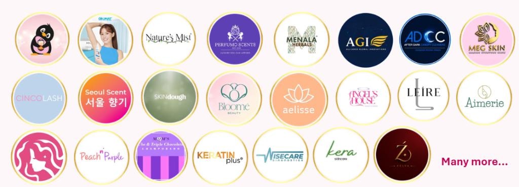 Client brands — Deonat, Nature's Mist, Perfumo Scents, Menala Herbals, AGI, ADCC, Meg Skin, CincoLash, Seoul Scent, SKINdough, Bloome Beauty, aelisse, Angel's House, Leire, Aimerie, Peach n Purple, Keratin Plus, Wisecare, Kera Skincare, Zelva and more